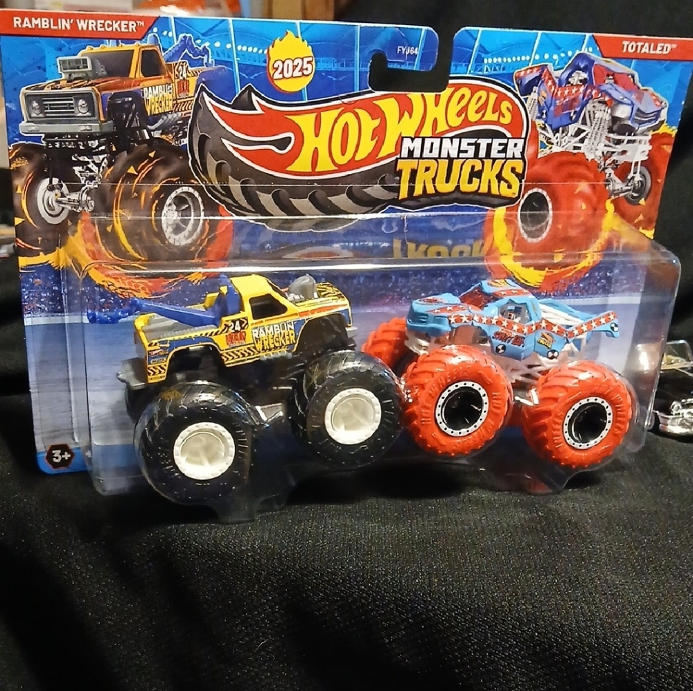 Ramblin' WRECKER & TOTALED HOT WHEELS Monster Trucks - Yellow  BLUE and Red Set